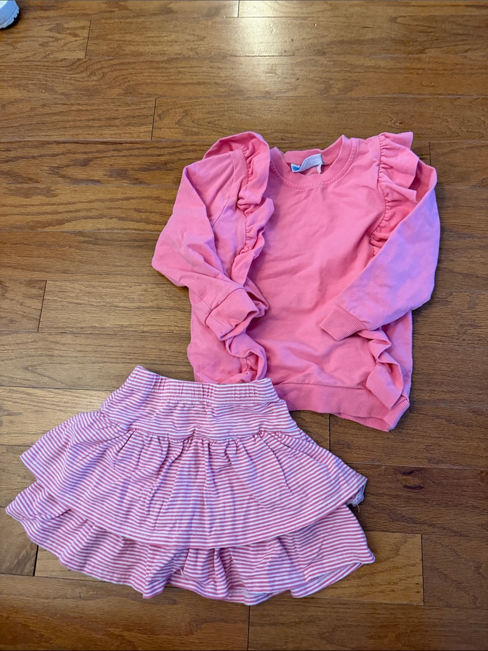 Girls Pink Ruffle Sweatshirt & Striped Tiered Skirt Set